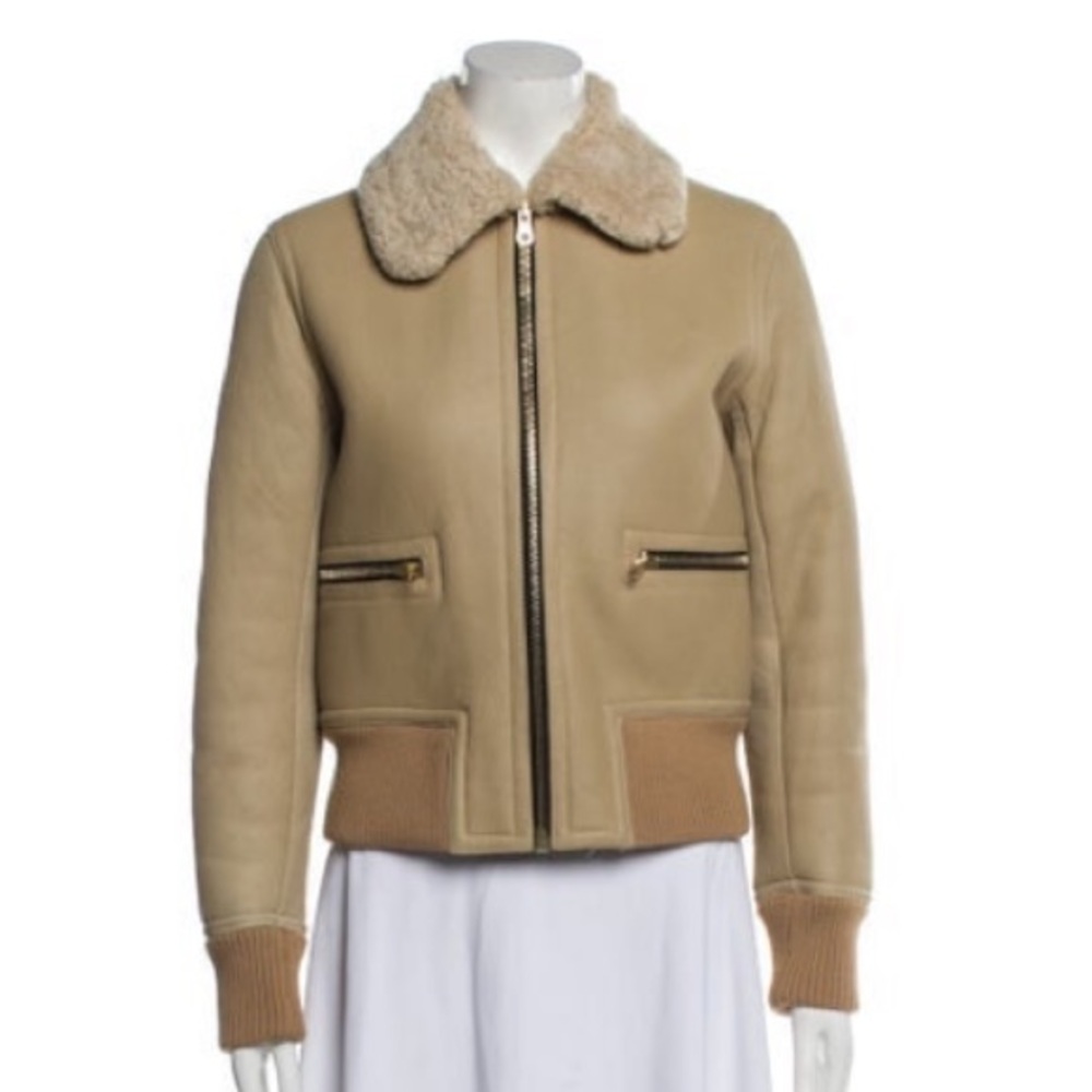 Sandro Beige Lamb Leather Biker Jacket with Shearling Collar